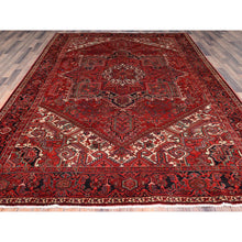 Load image into Gallery viewer, 8&#39;1&quot;x11&#39; Garnet Red and Soot Black, Semi Antique Village Motifs Persian Heriz Design, Excellent Condition With Rustic Look, Clean Sides and Ends Professionally Secured, Abrash, Soft Vibrant Wool, Hand Knotted Oriental Rug FWR516780