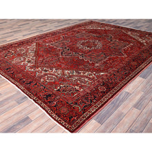 Load image into Gallery viewer, 8&#39;1&quot;x11&#39; Garnet Red and Soot Black, Semi Antique Village Motifs Persian Heriz Design, Excellent Condition With Rustic Look, Clean Sides and Ends Professionally Secured, Abrash, Soft Vibrant Wool, Hand Knotted Oriental Rug FWR516780