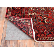 Load image into Gallery viewer, 8&#39;1&quot;x11&#39; Garnet Red and Soot Black, Semi Antique Village Motifs Persian Heriz Design, Excellent Condition With Rustic Look, Clean Sides and Ends Professionally Secured, Abrash, Soft Vibrant Wool, Hand Knotted Oriental Rug FWR516780