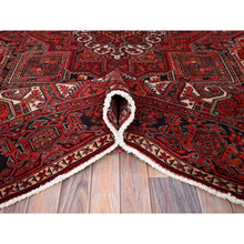 Load image into Gallery viewer, 8&#39;1&quot;x11&#39; Garnet Red and Soot Black, Semi Antique Village Motifs Persian Heriz Design, Excellent Condition With Rustic Look, Clean Sides and Ends Professionally Secured, Abrash, Soft Vibrant Wool, Hand Knotted Oriental Rug FWR516780