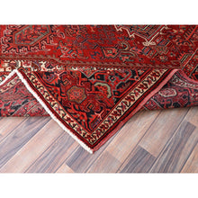 Load image into Gallery viewer, 8&#39;1&quot;x11&#39; Garnet Red and Soot Black, Semi Antique Village Motifs Persian Heriz Design, Excellent Condition With Rustic Look, Clean Sides and Ends Professionally Secured, Abrash, Soft Vibrant Wool, Hand Knotted Oriental Rug FWR516780