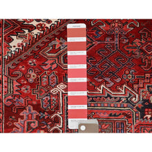 Load image into Gallery viewer, 8&#39;1&quot;x11&#39; Garnet Red and Soot Black, Semi Antique Village Motifs Persian Heriz Design, Excellent Condition With Rustic Look, Clean Sides and Ends Professionally Secured, Abrash, Soft Vibrant Wool, Hand Knotted Oriental Rug FWR516780