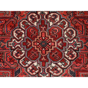 8'1"x11' Garnet Red and Soot Black, Semi Antique Village Motifs Persian Heriz Design, Excellent Condition With Rustic Look, Clean Sides and Ends Professionally Secured, Abrash, Soft Vibrant Wool, Hand Knotted Oriental Rug FWR516780