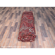 Load image into Gallery viewer, 8&#39;1&quot;x11&#39; Garnet Red and Soot Black, Semi Antique Village Motifs Persian Heriz Design, Excellent Condition With Rustic Look, Clean Sides and Ends Professionally Secured, Abrash, Soft Vibrant Wool, Hand Knotted Oriental Rug FWR516780