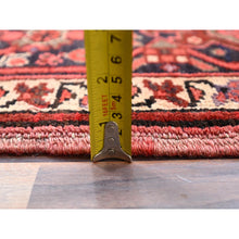 Load image into Gallery viewer, 8&#39;1&quot;x11&#39; Garnet Red and Soot Black, Semi Antique Village Motifs Persian Heriz Design, Excellent Condition With Rustic Look, Clean Sides and Ends Professionally Secured, Abrash, Soft Vibrant Wool, Hand Knotted Oriental Rug FWR516780