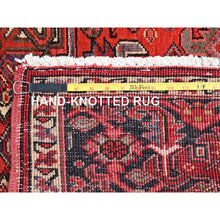 Load image into Gallery viewer, 8&#39;1&quot;x11&#39; Garnet Red and Soot Black, Semi Antique Village Motifs Persian Heriz Design, Excellent Condition With Rustic Look, Clean Sides and Ends Professionally Secured, Abrash, Soft Vibrant Wool, Hand Knotted Oriental Rug FWR516780