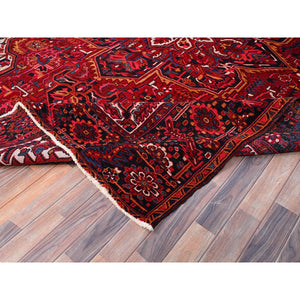 9'7"x12'6" Dutch Tulip Red, Semi Antique Hand Knotted With Porcelain White Corners Persian Heriz, Shiny Wool Excellent Condition, Oriental Rug FWR516858