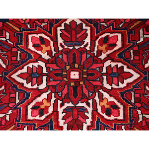 9'7"x12'6" Dutch Tulip Red, Semi Antique Hand Knotted With Porcelain White Corners Persian Heriz, Shiny Wool Excellent Condition, Oriental Rug FWR516858