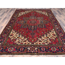 Load image into Gallery viewer, 6&#39;4&quot;x9&#39;3&quot; Cranberry Zing Red With Vivid Colors, Pastel Ivory Spandrels, Hand Knotted Semi Antique Persian Heriz With Excellent Condition, Sides And Ends Professionally Cleaned And Secured Oriental Pure Wool Rug FWR516906