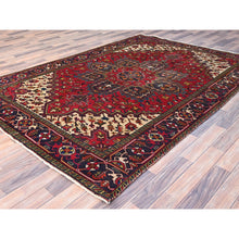 Load image into Gallery viewer, 6&#39;4&quot;x9&#39;3&quot; Cranberry Zing Red With Vivid Colors, Pastel Ivory Spandrels, Hand Knotted Semi Antique Persian Heriz With Excellent Condition, Sides And Ends Professionally Cleaned And Secured Oriental Pure Wool Rug FWR516906