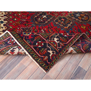 6'4"x9'3" Cranberry Zing Red With Vivid Colors, Pastel Ivory Spandrels, Hand Knotted Semi Antique Persian Heriz With Excellent Condition, Sides And Ends Professionally Cleaned And Secured Oriental Pure Wool Rug FWR516906