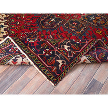 Load image into Gallery viewer, 6&#39;4&quot;x9&#39;3&quot; Cranberry Zing Red With Vivid Colors, Pastel Ivory Spandrels, Hand Knotted Semi Antique Persian Heriz With Excellent Condition, Sides And Ends Professionally Cleaned And Secured Oriental Pure Wool Rug FWR516906