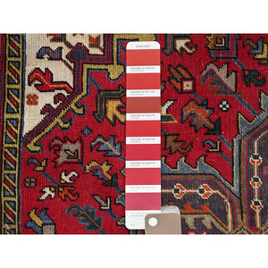 6'4"x9'3" Cranberry Zing Red With Vivid Colors, Pastel Ivory Spandrels, Hand Knotted Semi Antique Persian Heriz With Excellent Condition, Sides And Ends Professionally Cleaned And Secured Oriental Pure Wool Rug FWR516906