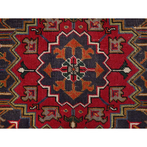 6'4"x9'3" Cranberry Zing Red With Vivid Colors, Pastel Ivory Spandrels, Hand Knotted Semi Antique Persian Heriz With Excellent Condition, Sides And Ends Professionally Cleaned And Secured Oriental Pure Wool Rug FWR516906