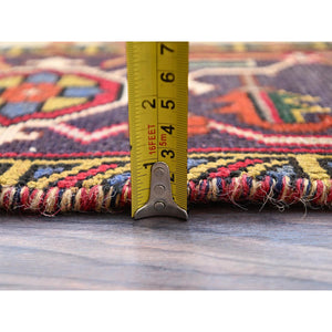 6'4"x9'3" Cranberry Zing Red With Vivid Colors, Pastel Ivory Spandrels, Hand Knotted Semi Antique Persian Heriz With Excellent Condition, Sides And Ends Professionally Cleaned And Secured Oriental Pure Wool Rug FWR516906