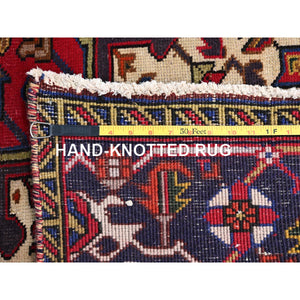 6'4"x9'3" Cranberry Zing Red With Vivid Colors, Pastel Ivory Spandrels, Hand Knotted Semi Antique Persian Heriz With Excellent Condition, Sides And Ends Professionally Cleaned And Secured Oriental Pure Wool Rug FWR516906