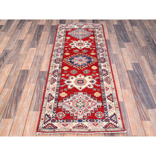 Load image into Gallery viewer, 2&#39;1&quot;x5&#39;6&quot; Geranium Red And Oyster White, Kazak With Geometric Medallion Motifs, Natural Dyes, Dense Weave, 100% Wool, Hand Knotted, Oriental Rug FWR517008