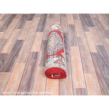 Load image into Gallery viewer, 2&#39;1&quot;x5&#39;6&quot; Geranium Red And Oyster White, Kazak With Geometric Medallion Motifs, Natural Dyes, Dense Weave, 100% Wool, Hand Knotted, Oriental Rug FWR517008