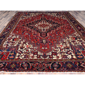 9'x11'3" Locomotive Red, Semi Antique Heriz Persian Charming Village Design With Diamond On A Square Medallion, Full Pile, Sides And Ends Professionally Cleaned And Secured, Soft And Vibrant Wool, Oriental Rug FWR517062