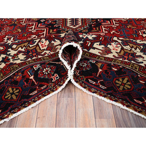 9'x11'3" Locomotive Red, Semi Antique Heriz Persian Charming Village Design With Diamond On A Square Medallion, Full Pile, Sides And Ends Professionally Cleaned And Secured, Soft And Vibrant Wool, Oriental Rug FWR517062