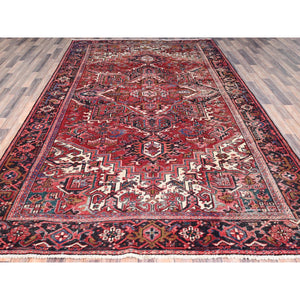 7'6"x11'6" Savvy Red, Good Condition, Lustrous Wool, Jewel Tone Color Geometric Medallion Design Semi Antique Persian Heriz Abrash Oriental Rug FWR517068