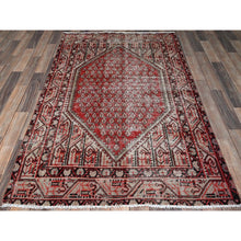 Load image into Gallery viewer, 3&#39;10&quot;x6&#39;1&quot; Ajax Red, Vintage Persian Sarouk Mir with Small Repetitive Boteh Design, Worn and Distressed, Shaved Down, Zero Pile, Sides and Ends Professionally Secured, Hand Knotted, 100% Wool, Oriental Rug FWR5166