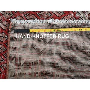 3'10"x6'1" Ajax Red, Vintage Persian Sarouk Mir With Small Repetitive Boteh Design, Worn And Distressed, Shaved Down, Zero Pile, Sides And Ends Professionally Secured, Hand Knotted, 100% Wool, Oriental Rug FWR5166