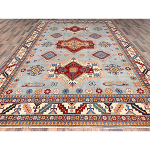 9'10"x13'8" Ice Gray, Hand Knotted Special Kazak Geometric Design, Extra Soft Wool With Vegetable Dyes, Oriental Dense Weave Rug FWR517278