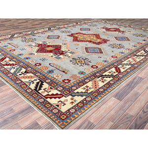 9'10"x13'8" Ice Gray, Hand Knotted Special Kazak Geometric Design, Extra Soft Wool With Vegetable Dyes, Oriental Dense Weave Rug FWR517278