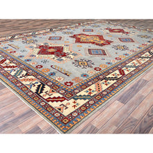 Load image into Gallery viewer, 9&#39;10&quot;x13&#39;8&quot; Ice Gray, Hand Knotted Special Kazak Geometric Design, Extra Soft Wool With Vegetable Dyes, Oriental Dense Weave Rug FWR517278
