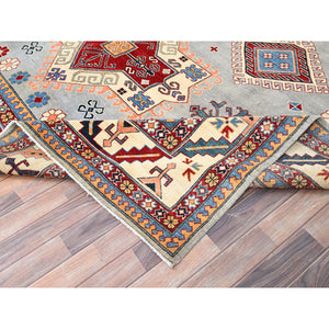9'10"x13'8" Ice Gray, Hand Knotted Special Kazak Geometric Design, Extra Soft Wool With Vegetable Dyes, Oriental Dense Weave Rug FWR517278