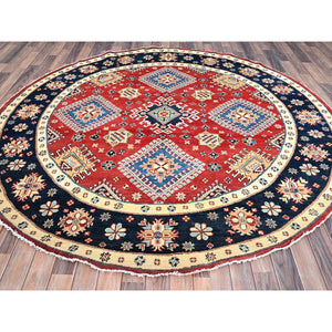 8'x8' Pepper Red And Celestial Blue, Hand Knotted Densely Woven With Natural Dyes, Shiny Wool Special Kazak With All Over Medallions, Oriental Round Rug FWR517302