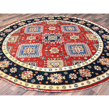 Load image into Gallery viewer, 8&#39;x8&#39; Pepper Red And Celestial Blue, Hand Knotted Densely Woven With Natural Dyes, Shiny Wool Special Kazak With All Over Medallions, Oriental Round Rug FWR517302