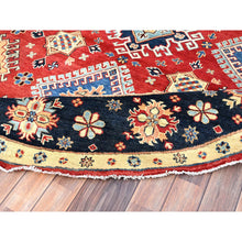 Load image into Gallery viewer, 8&#39;x8&#39; Pepper Red And Celestial Blue, Hand Knotted Densely Woven With Natural Dyes, Shiny Wool Special Kazak With All Over Medallions, Oriental Round Rug FWR517302