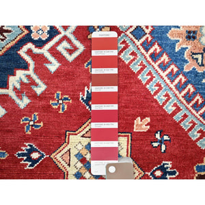 8'x8' Pepper Red And Celestial Blue, Hand Knotted Densely Woven With Natural Dyes, Shiny Wool Special Kazak With All Over Medallions, Oriental Round Rug FWR517302