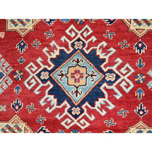 8'x8' Pepper Red And Celestial Blue, Hand Knotted Densely Woven With Natural Dyes, Shiny Wool Special Kazak With All Over Medallions, Oriental Round Rug FWR517302