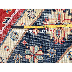 8'x8' Pepper Red And Celestial Blue, Hand Knotted Densely Woven With Natural Dyes, Shiny Wool Special Kazak With All Over Medallions, Oriental Round Rug FWR517302