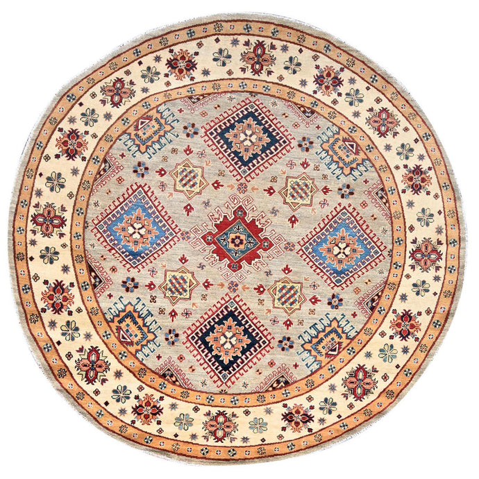 8'x8' Bamboo Brown With Dutch White, Special Kazak Geometric Design, Pure Wool, Hand Knotted, Vegetable Dyes Oriental Rug FWR517320