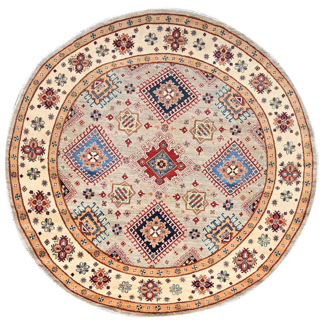 8'x8' Bamboo Brown With Dutch White, Special Kazak Geometric Design, Pure Wool, Hand Knotted, Vegetable Dyes Oriental Rug FWR517320