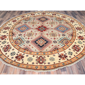 8'x8' Bamboo Brown With Dutch White, Special Kazak Geometric Design, Pure Wool, Hand Knotted, Vegetable Dyes Oriental Rug FWR517320