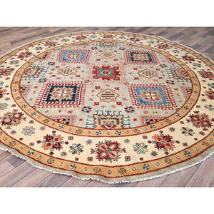 8'x8' Bamboo Brown With Dutch White, Special Kazak Geometric Design, Pure Wool, Hand Knotted, Vegetable Dyes Oriental Rug FWR517320