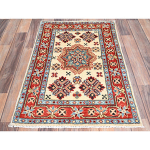 2'1"x3'1" Acadia White, Special Kazak With All Over Design, Dense Weave With Shiny Wool, Hand Knotted Natural Dyes, Oriental Mat Rug FWR517332