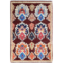 Load image into Gallery viewer, 2&#39;x3&#39; Coffee Brown, Hand Knotted Special Kazak with Geometric Design, Natural Dyes, 100% Wool, Oriental, Mat Rug FWR517350