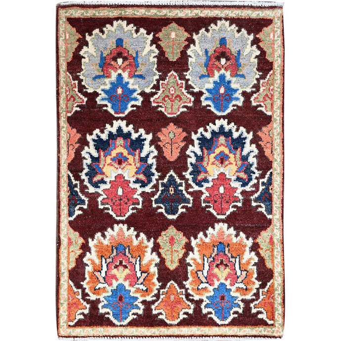 2'x3' Coffee Brown, Hand Knotted Special Kazak with Geometric Design, Natural Dyes, 100% Wool, Oriental, Mat Rug FWR517350