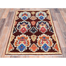 Load image into Gallery viewer, 2&#39;x3&#39; Coffee Brown, Hand Knotted Special Kazak with Geometric Design, Natural Dyes, 100% Wool, Oriental, Mat Rug FWR517350