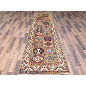 2'10"x9'9" Laurel Oak Gray, Hand Knotted Densely Woven Special Kazak With All Over Colorful Geometric Motifs, Pure Wool, Vegetable Dyes, Wide Runner Oriental Rug FWR517494