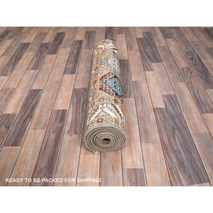 2'10"x9'9" Laurel Oak Gray, Hand Knotted Densely Woven Special Kazak With All Over Colorful Geometric Motifs, Pure Wool, Vegetable Dyes, Wide Runner Oriental Rug FWR517494