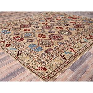 8'6"x9'10" Irish Cream Brown, Afghan Super Kazak with Geometric Medallions, Natural Dyes Densely Woven, Pure Wool Hand Knotted, Oriental Rug FWR517632