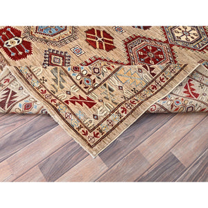 8'6"x9'10" Irish Cream Brown, Afghan Super Kazak with Geometric Medallions, Natural Dyes Densely Woven, Pure Wool Hand Knotted, Oriental Rug FWR517632