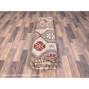 8'6"x9'10" Irish Cream Brown, Afghan Super Kazak with Geometric Medallions, Natural Dyes Densely Woven, Pure Wool Hand Knotted, Oriental Rug FWR517632